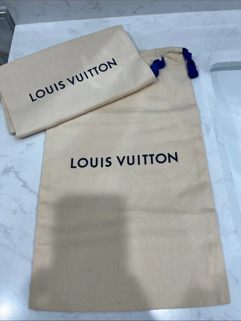 Louis Vuitton Cream Dust Bags with Navy Logo and Drawstrings